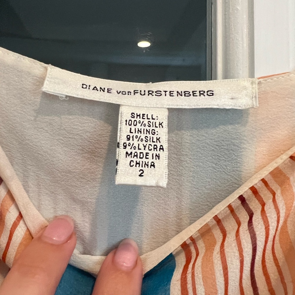 Diane Von Furstenberg Striped Blue and Tan Silk Tie-Waist Cami - Picture 3 of 4